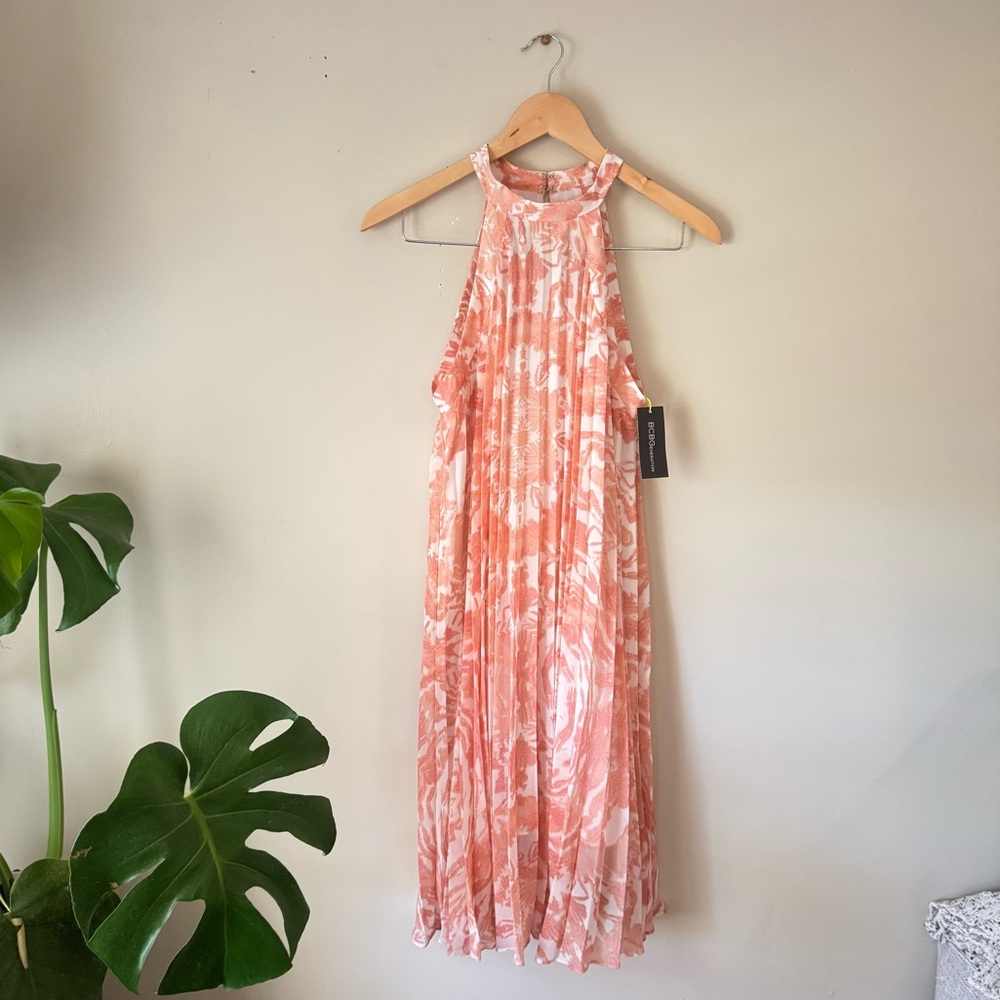 BCBGeneration Pink & White Floral Pleated Midi Dress